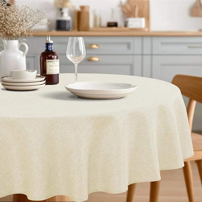 JIUZHEN Round Table Cloth Faux Linen Farmhouse Tablecloth Wrinkle and Stain Resistant Decorative Fabric Table Cover for Kitchen, Dining Room, Parties and Camping, Champagne, 60 Inch Round