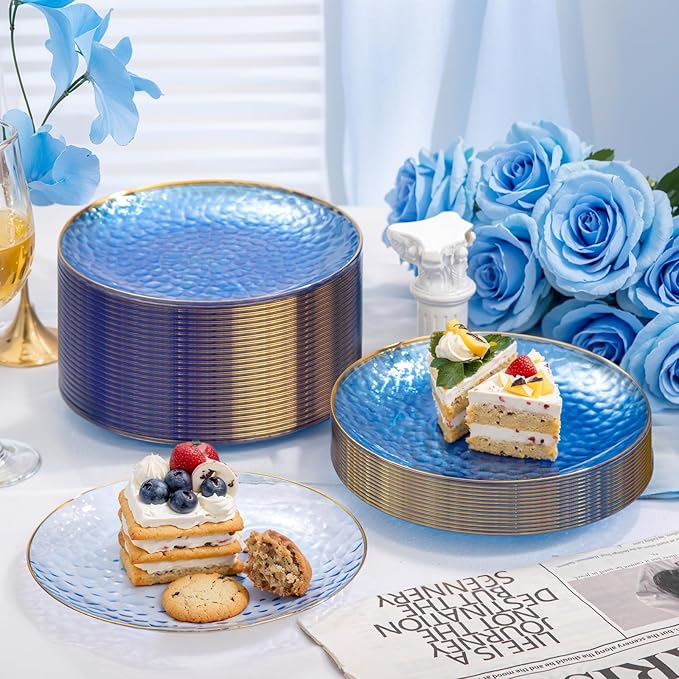 Rubtlamp 100 Pcs Clear Blue Gold Plastic Plates, Clear Hammered Plastic Plates, Blue Party Platos, Disposable Salad/Dessert Platos, 7-Inch Disposable Dessert/Appetizer Platos Perfect For Party