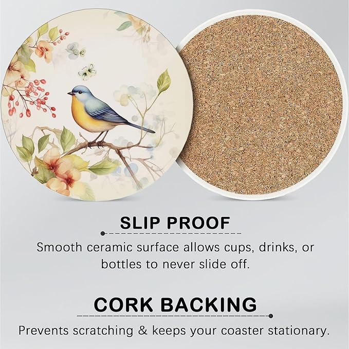 6 Pcs Drink Coasters with Holder,Vintage Watercolor Bird Flower Absorbent Round Ceramic Coaster for Tabletop Protection,for Coffee Cup Beverage Coasters Wine Beer Bar