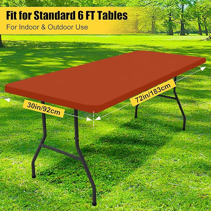 Smiry Rectangle Picnic Table Cloth, Waterproof Elastic Fitted Tablecloths for 6 Foot Tables, Washable Polyester Table Cover for Camping, Indoor and Outdoor (Rust, 30"x72")