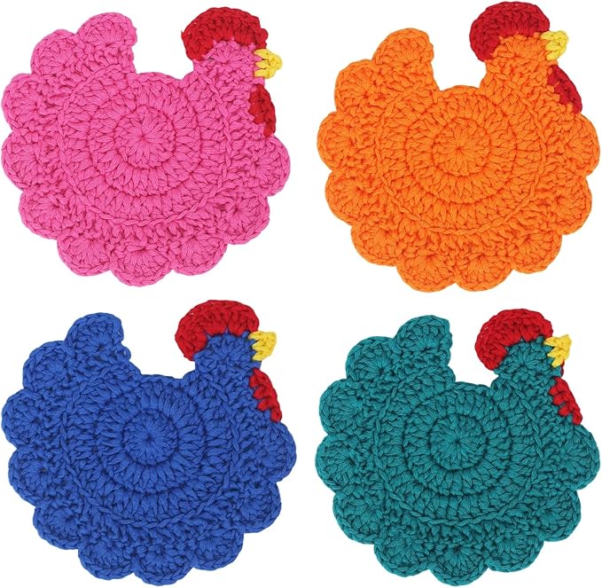 Funny Chicken Coasters Set of 4, Handmade Crochet Farmhouse Style Drink Coasters, Cute Knitted Desk Accessories for Home Decor, Unique Housewarming Gifts (Style C)