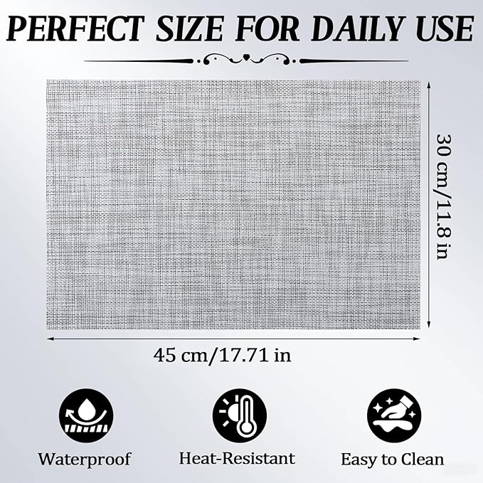 Timeet Placemats Set of 8, Heat Resistant Non-Slip Place Mats for Dining Table, Durable Washable PVC Vinyl Woven Table Mats, Linen Textured Placemats for Kitchen Resistant Easy to Clean(Gray