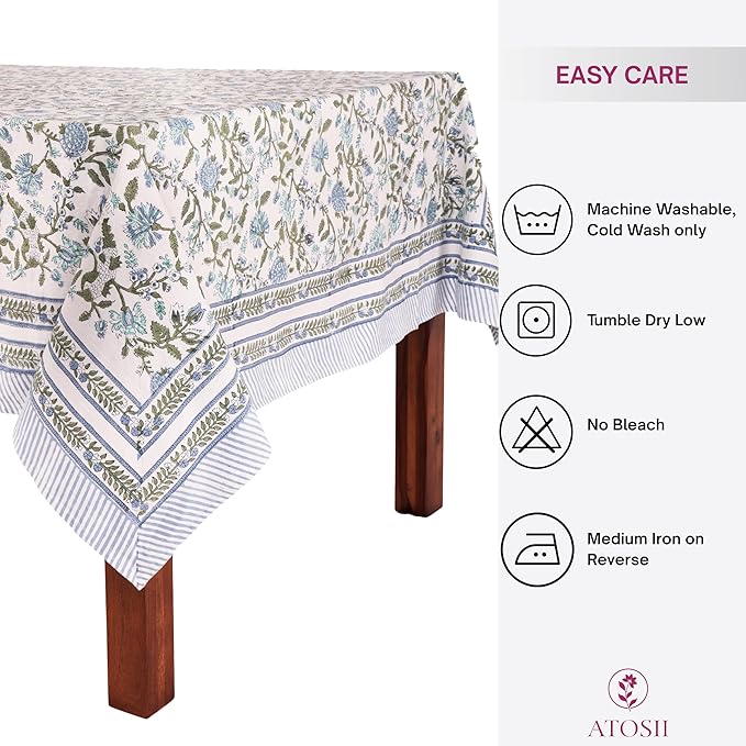 ATOSII Mahoka Blue 100% Cotton Fall Tablecloth, Handblock Floral Linen Table Cloth for Kitchen Dining Table I Parties Weddings Outdoors Easter Valentine's Gift I 60 X 90 Inches I 6 Seater