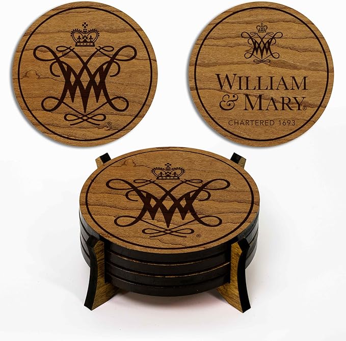 LazerEdge William & Mary Tribe Wooden Coaster Set - Cherry Wood - Officially Licensed Product - 4-Pack
