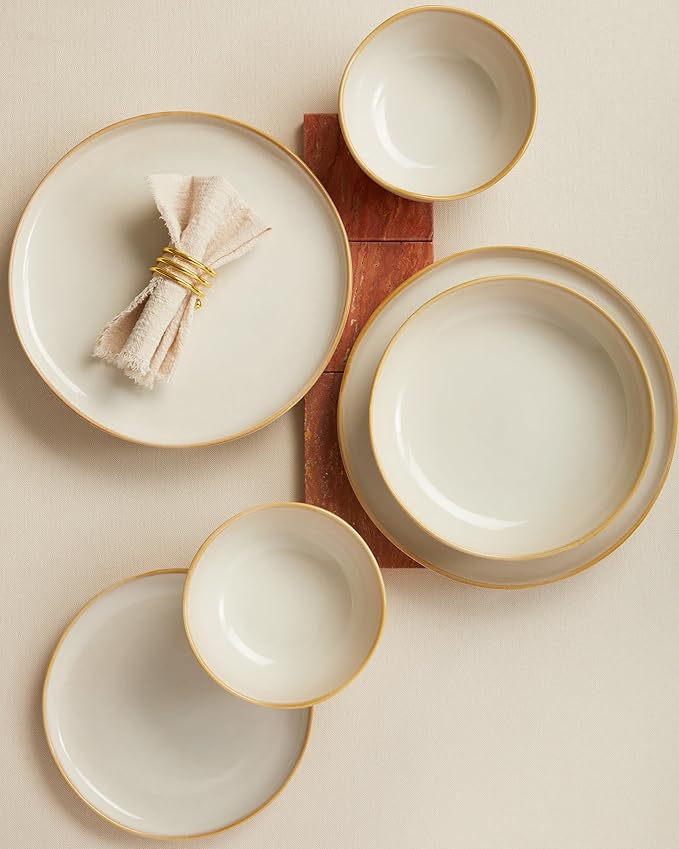32 Piece Dinnerware Set for 8 with Pasta Bowls, Yellow White Reactive Glaze Stoneware | All‑in‑One Host Set for Entertaining, Holiday Meals, Multi‑Course Dish Set | Unique Irregular Look