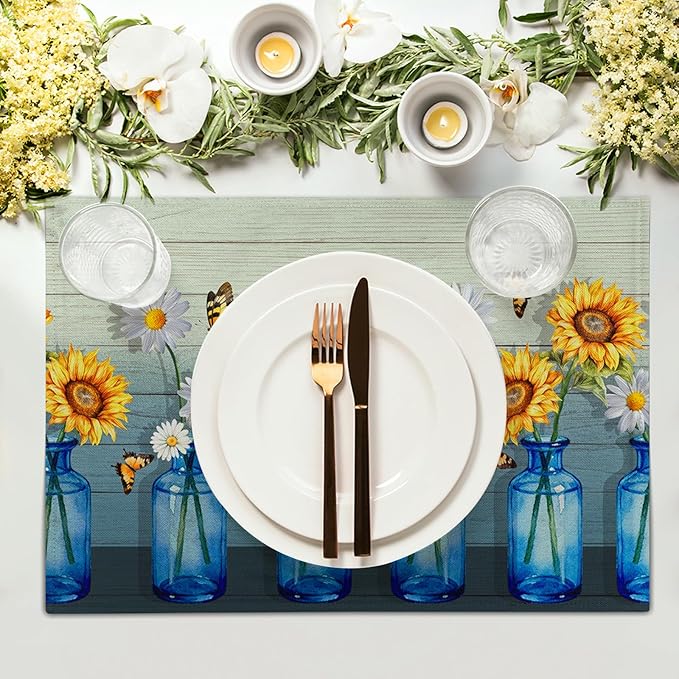Vintage Floral Placemats Set of 4 - Spring Summer Place Mats 12x18 Sunflower Table Mats Farmhouse Kitchen Mats for Party Dining Table