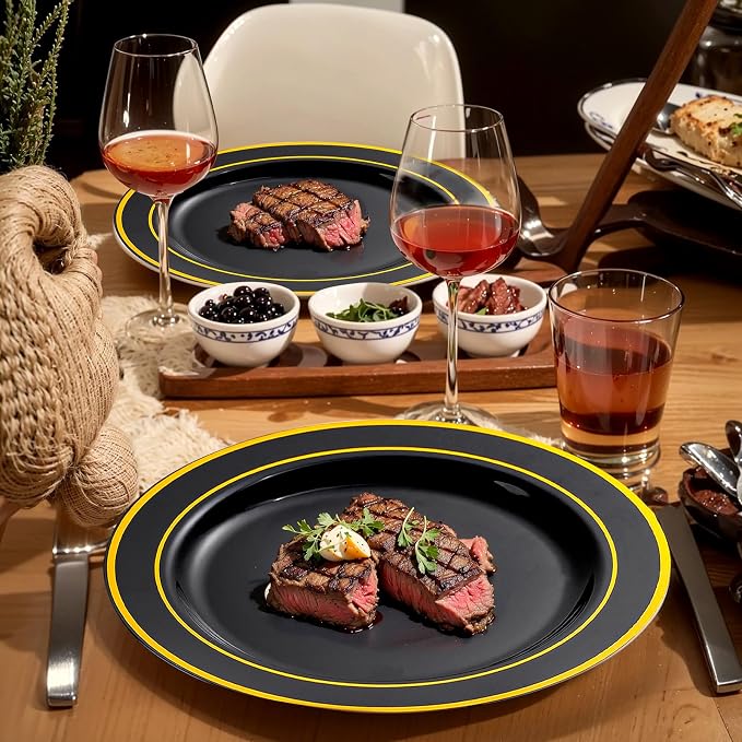 bUCLA 300PCS Black and Gold Disposable Dinnerware Set - Image 3