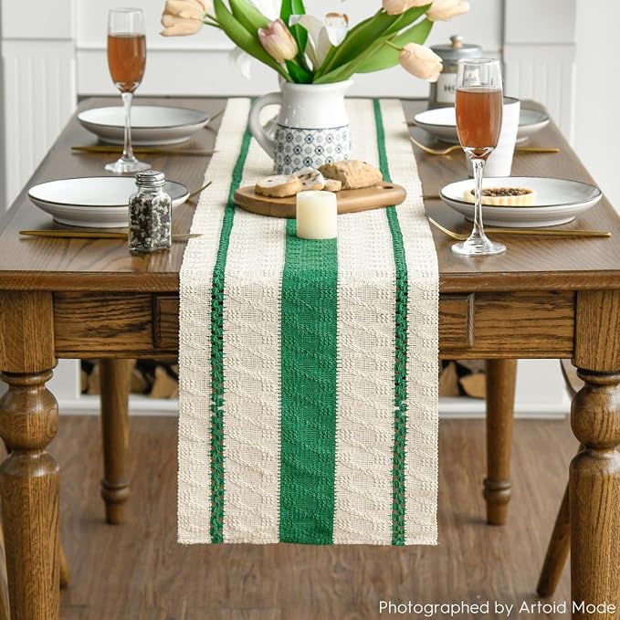 Artoid Mode Emerald Green Rustic Woven Table Runner 12x90 Inch | Holiday - Image 2