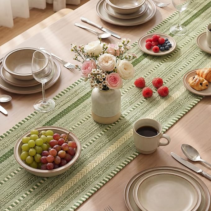 Artoid Mode Army Green Farmhouse Stripe Braided Table Runner 12x60 Inch | - Image 4