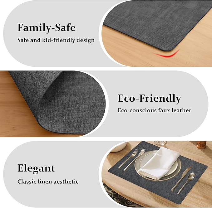 FROMHEART Faux Leather Placemats Set of 4–Waterproof,Heat/Oil Stain-Resistant PU Table Mat–Reversible,Non-Slip,Easy to Clean Place Mats for Kitchen,Dining,Indoor/Outdoor,(Dark Grey,11.8" x 17")