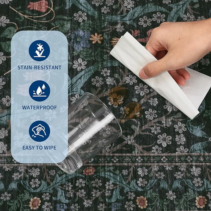 GarveeHome Washable Kitchen Runner Rug, Floral 2x6 Rug for Hallway Non Slip Stain Resistant, Ultra-Thin Boho Soft Hallway Rug Botanical Carpet for Entryway, Laundry Room, Bathroom Dark Black