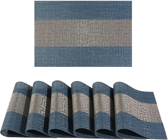 FAVE Placemats Set of 8 Indigo Blue Woven with Gray Placemats Durable and Wipeable Vinyl Placemats Heat Resistant Table Mats Set of 8 for Wedding, Banquet, Birthday, Party, Restaurant (Indigo Blue)