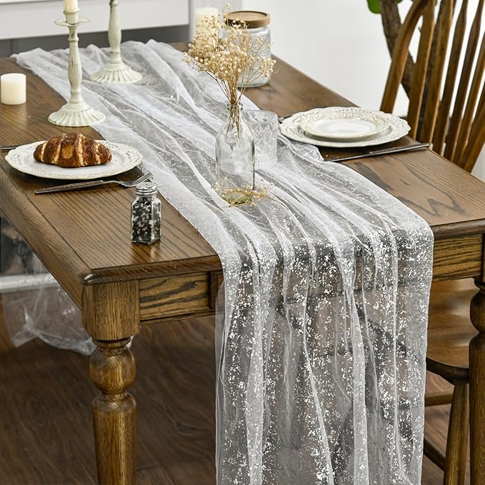 Artoid Mode 6Pcs White Silver Gauze Table Runner 120 Inch 10FT, Glitter Metallic Foil Sheer Dining Wedding Anniversary Holiday Birthday Table Decor for Home Party