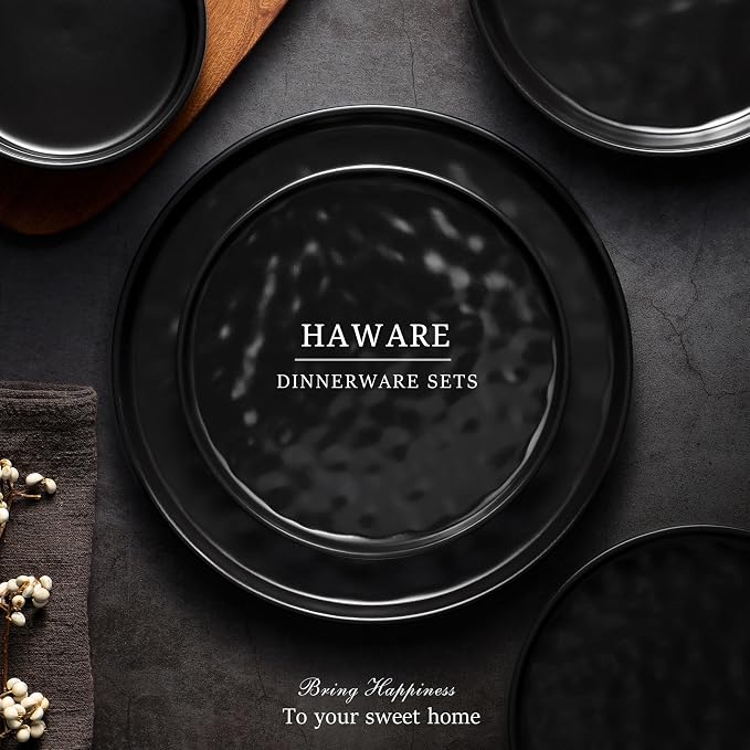 HaWare Dinnerware Sets, 12-Piece Plates and Bowls Set, Matte Black | Stoneware - Image 7