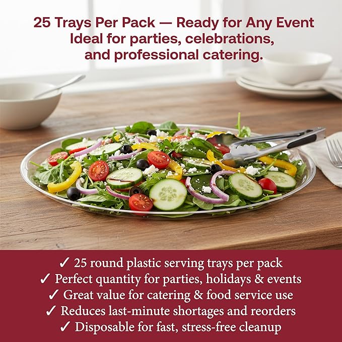 Smarty Had A Party 14 Inch Clear Round Plastic Serving Tray – Elegant Party Platters & Plastic Serving Trays for Catering, Weddings & Buffets, Heavy-Duty Disposable Serving Platters – Set of 25