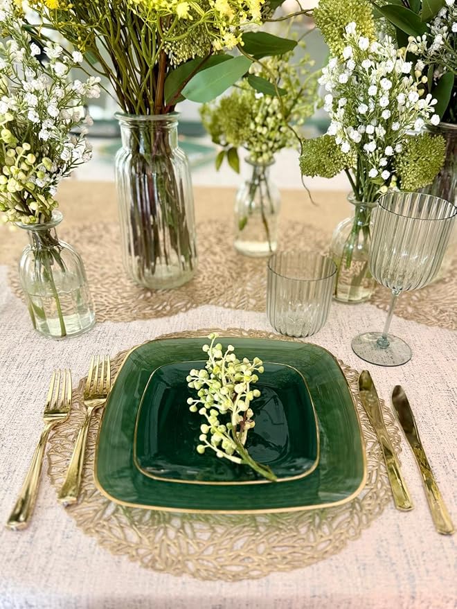 " OCCASIONS " 100 Plates Pack,(50 Guests) Premium Wedding Party Disposable Plastic Plates Set -50 x 10'' Dinner + 50 x 7'' Salad/Dessert (Belize Square in Green & Gold)