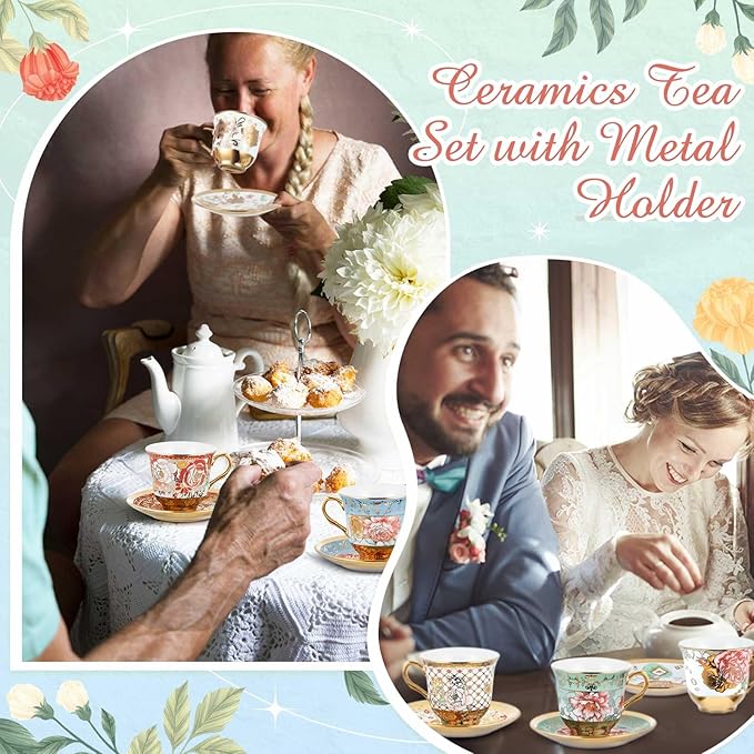 Teenyyou Set of 18 Tea Cups and Saucers Tea Party Decorations Floral Porcelain - Image 5