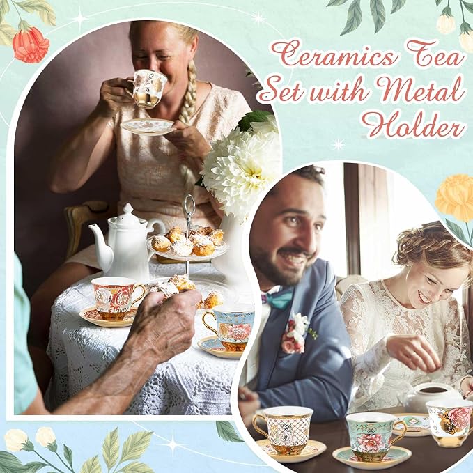 Teenyyou Set of 12 Tea Cups and Saucers Tea Party Decorations Floral Porcelain - Image 6
