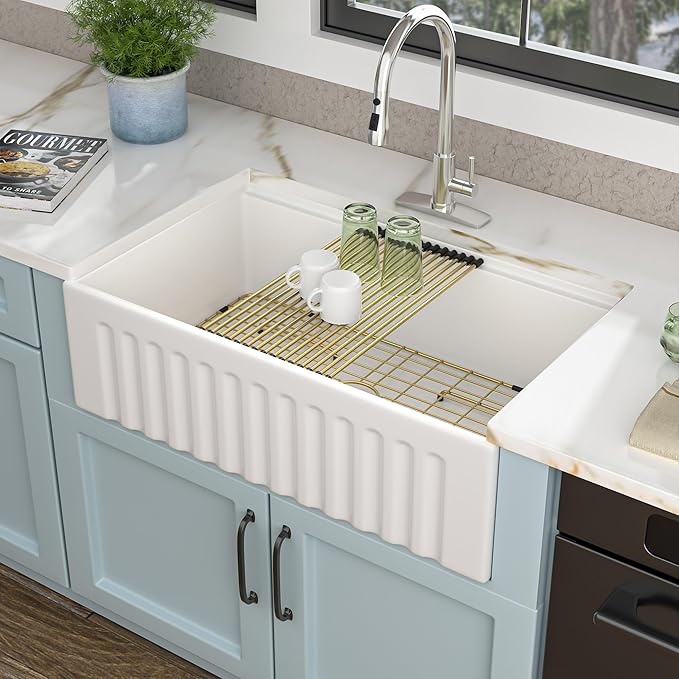 30 White Farm Sink Workstation - Fulorni 30 Inch Farmhouse Kitchen Sink Workstation with Slide Ledge Apron Front Reversible White Fireclay Ceramic Porcelain Single Bowl Farmer Style Basin