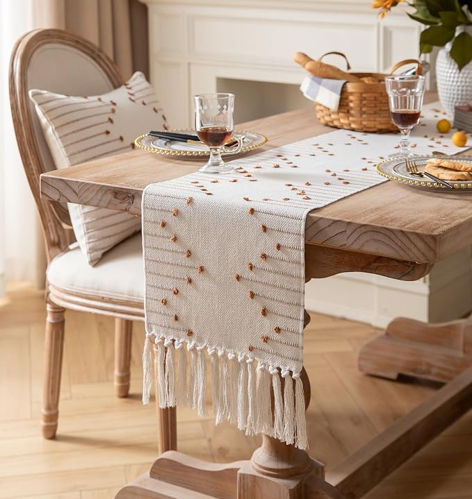 Boho Table Runner 13 x 48 Inch Long Natural Cotton Woven Runner - Image 2