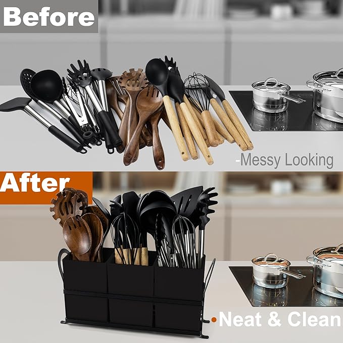Large Kitchen Utensil Holder, Drainage Utensil Caddy for Countertop, 3pcs Bins Set Cooking Utensil Organizer for Spoons, Spatulas, Black