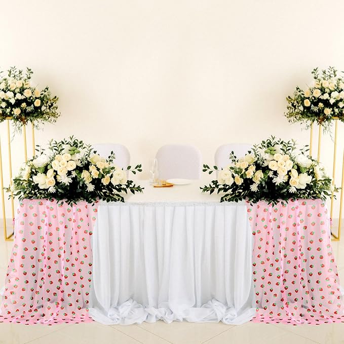 4 Pcs 29 X70 Inch Strawberry Shiny Glitter Tulle Table Cloth Pink Sheer Lace - Image 6