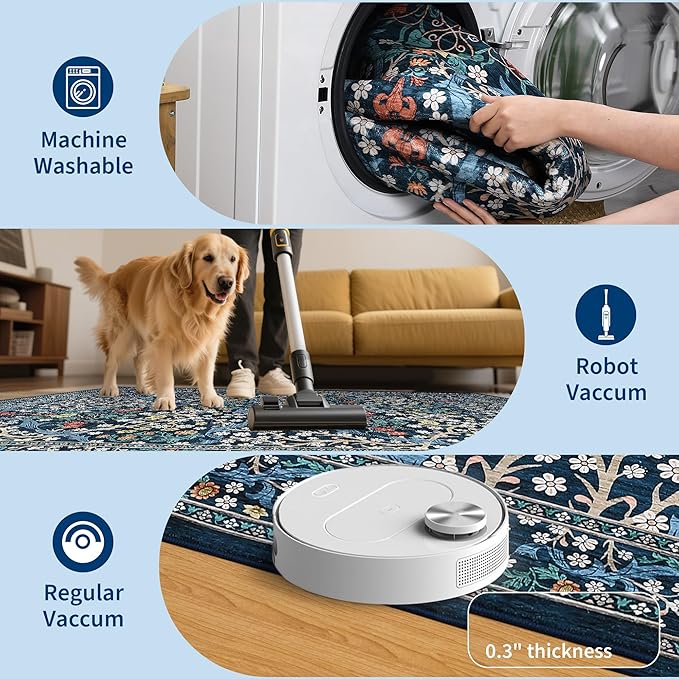 GarveeHome 6x9 Washable Area Rug for Living Room, Floral Dining Room Rugs for Under Table, Low Pile Non-Slip Stain Resistance Floor Carpet for Bedroom, Dark Blue