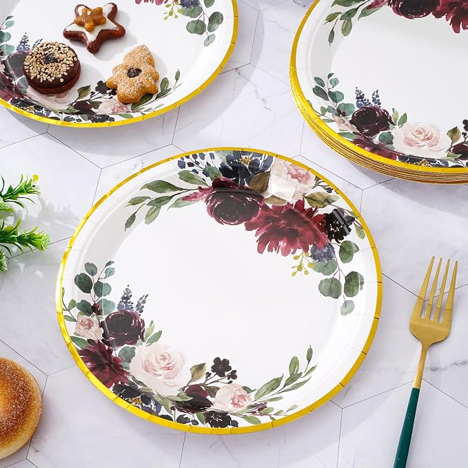 JarThenaAMCS Floral Leaves Paper Plates Disposable Watercolor Red Flower Plates - Image 4