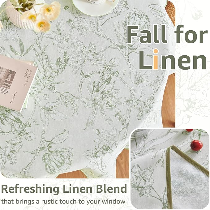 jinchan Green Floral Linen Rectangle Table Cloth 50 x 84 Inch | Natural - Image 4