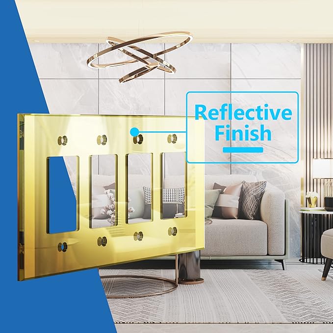 LIDER Reflective Acrylic Decorator Wall Plate, Mirrored Light Switch Plate, Plexiglass Outlet Cover, Acrylic Glass, Oversized 4-Gang 5.25" x 8.88", LWP-34O-AGD, Gold
