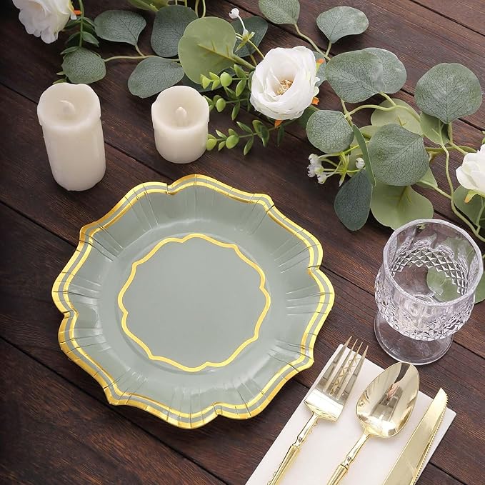 50 Pack 8" Sage Green/Gold Scallop Rim Dessert Plates, Disposable Round Paper Appetizer Salad Plates 300 GSM for Party Decoration