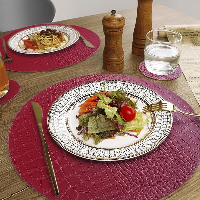 Jovono Round Leather Placemats for Round Tables Set of 6, Red Place Mats and Coasters, Wipeable Waterproof Heat Resistant Table Mats Easy to Care for Indoor Decor 14 inch Diameter