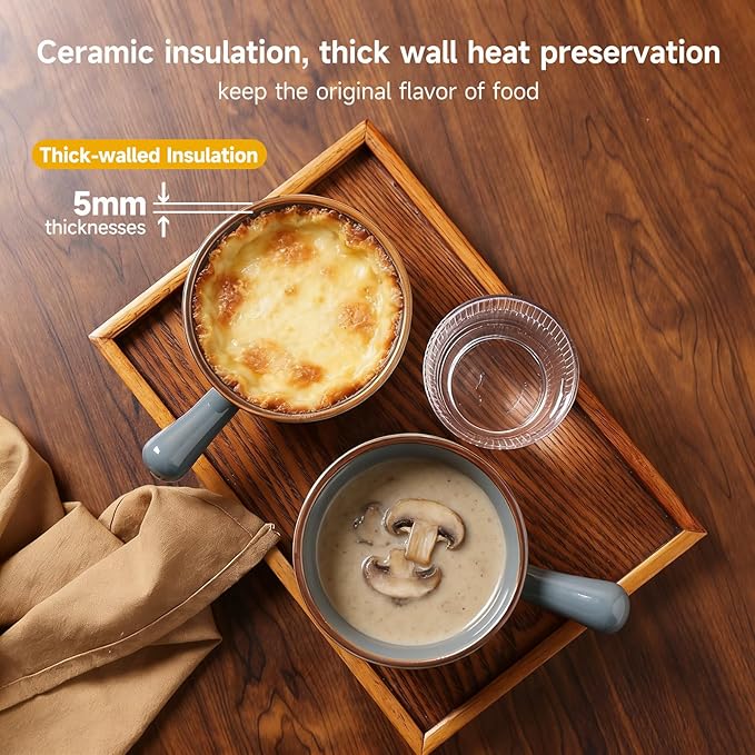 MONITO 16 Oz French Onion Soup Bowls, Ceramic Soup Bowls with Handles, Stackable Soup Crocks Oven Safe for Chili, Beef Stew, Cereal,Casseroles Microwave & Dishwasher Safe, Set of 4, Dusty Blue