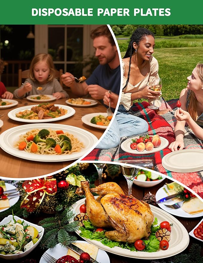 Compostable Biodegradable Oval Paper Plates, Large 12.5″ [100-Pack] - Heavy Duty Leak-Resistant Disposable Plates for BBQ, Picnic, Party, Birthday, Events, Dinner, Appetizer, Dessert & Cake