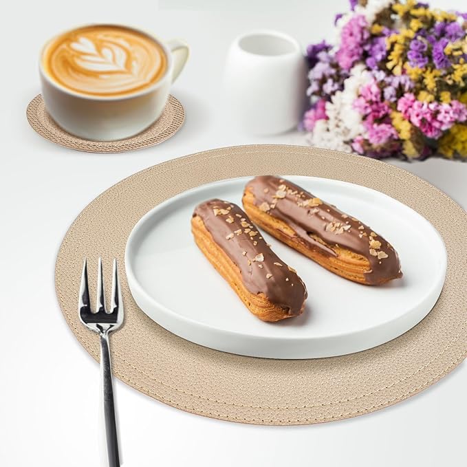 Set of 6 Faux Leather Gold Round Placemats and Coasters, Coffee Mats Kitchen Table Mats, Waterproof, Easy to Clean for Kitchen Dining Round Table