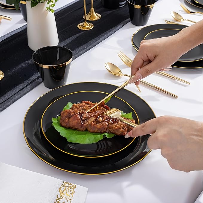 MirthMood 350Pcs Black and Gold Disposable Plates,Black Plates, Black and Gold Plates Include 30 Dinner,Dessert Plate,30 Cup&30 Napkins, 90 Gold Silverware for Wedding & Party & Birthday & New Year