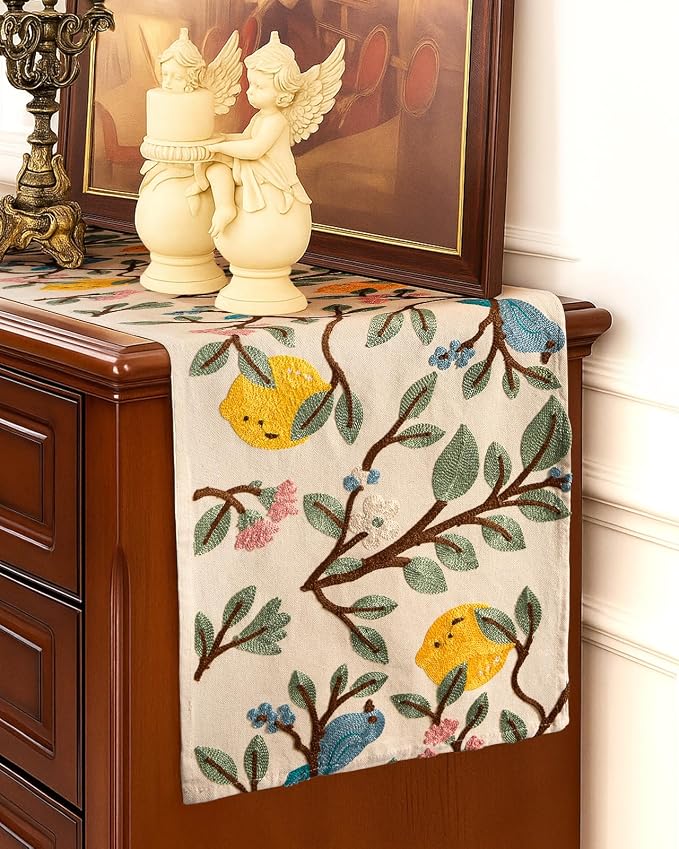Canvas Embroidered Narrow 13"x 60" Table Runner, Lemon Bird | Exquisite - Image 5