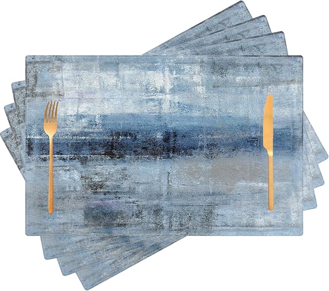 Blue Gray Placemats Set of 4 Abstract Art Place Mats Indoor Modern Linen Table Placemats Washable Wipeable Waterproof Heat Resistant Kitchen Place Mats for Dining Tables, 18 X 12 Inch