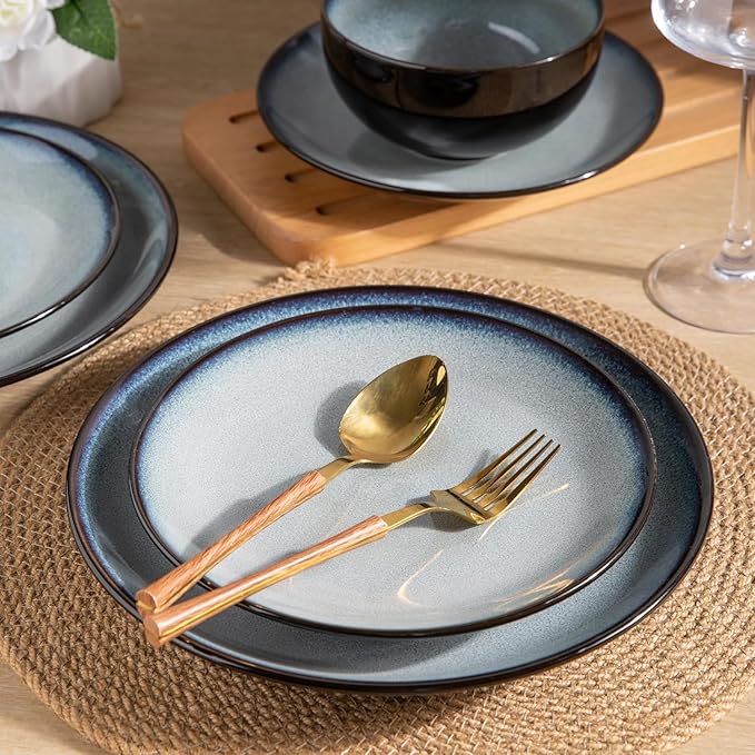 LeRatio Ceramic Dinnerware Sets for 6,Stoneware Plates and Bowls Sets,Handmade Reactive Glaze Dishes Set,Chip Resistant and Scratch Resistant | Oven&Dishwasher & Microwave Safe-Gray White(18PCS)