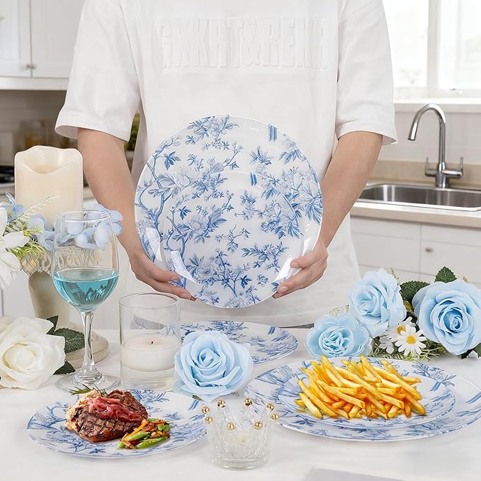 EI 60pcs Blue Plastic Plates Disposable Heavy Duty,Blue and White Floral Disposable Plates,10.25" Dinner & 7.5" Dessert Plate,Natural Fresh and Elegant Decorations for Birthdays/Tea Party/Wedding