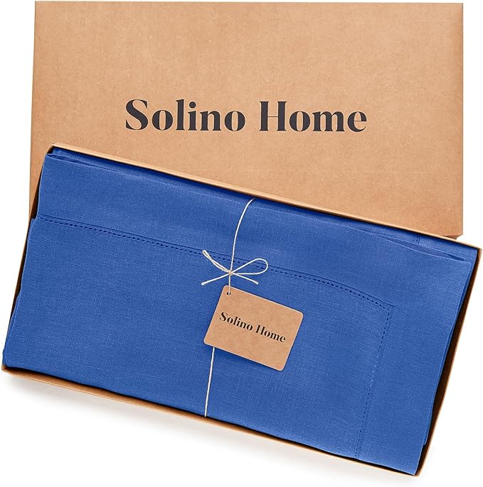 Solino Home Royal Blue Linen Tablecloth 60 x 90 Inch - 100% Pure Linen Hemstitch Table Cloth for Rectangle Tables - Classic Hemstitch, Machine Washable Tablecloth for Spring