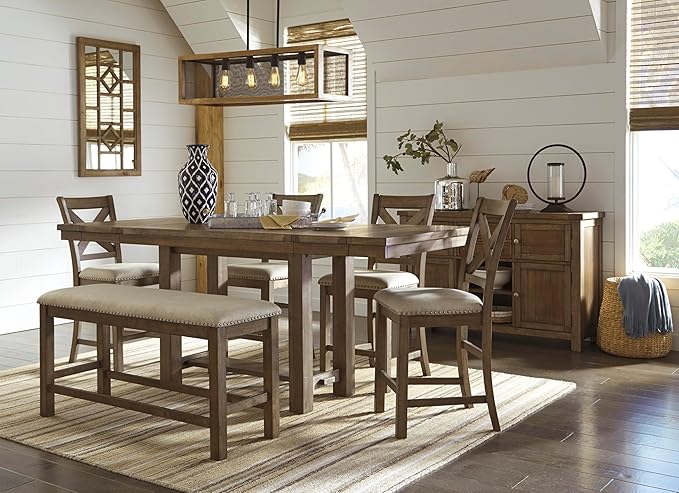 Signature Design by Ashley Moriville Vintage Casual Dining Room Buffet or Server with 4 Cabinets & Center Display Shelf, 2 Drawers, Wood, 56" Wide, Brown