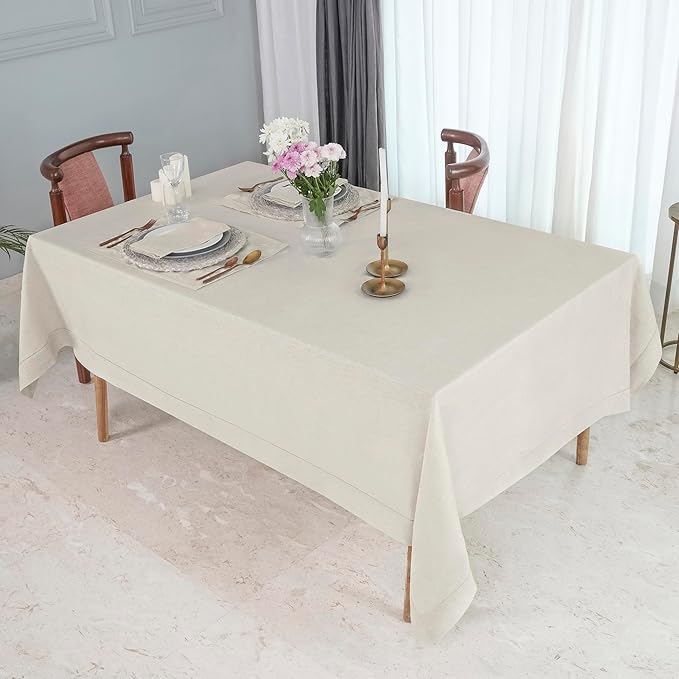 D'Moksha Homes Light Natural Linen Tablecloth 60 x 156 Inch - 100% Pure Linen Natural Tablecloth for Rectangle Tables - Classic Hemstitch, Machine Washable Table Cloth for Valentines, Spring, Easter