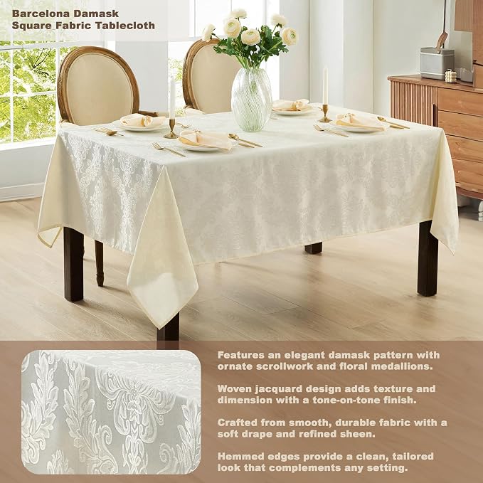 Newbridge Barcelona Luxury Damask Fabric Tablecloth, 52” Wide x 52” Square - Image 2