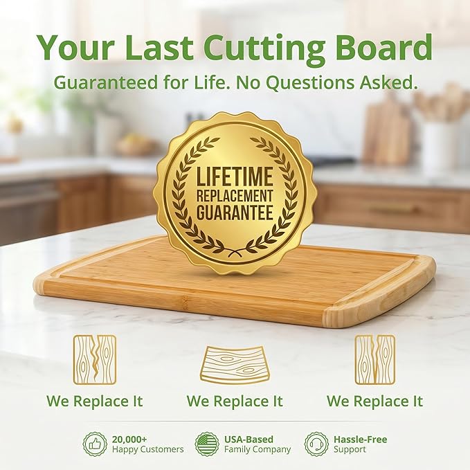 Organic 18 Inch Extra Large Bamboo Cutting Board with Lifetime Replacements - Non Toxic Wood Chopping Board with Juice Groove for Kitchen, Meat, Vegetables, and Food Prep by Greener Chef