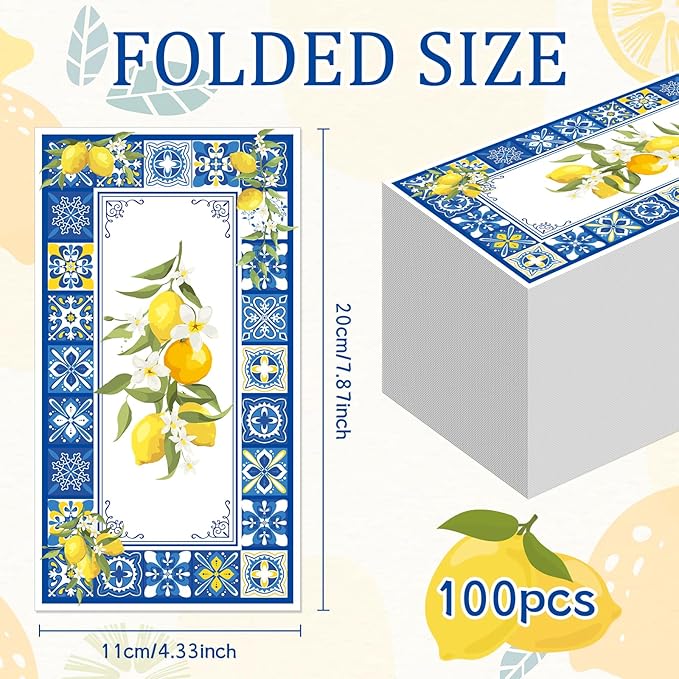 Amalfi Coast Party Decorations - 100 Pcs 7.9 x 4.3 in Lemon Napkin Blue Tiles Mediterranean Disposable Paper Hand Towels, Summer Fruit Lemonade Lemons Theme Birthday Bridal Shower Supplies