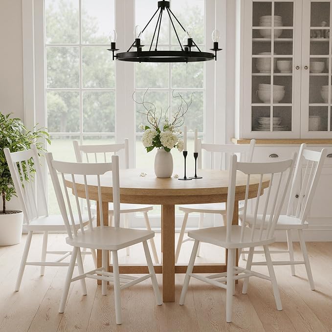 HNY White Windsor Dining Chairs Set of 6, Farmhouse Wooden Kitchen Chairs with Spindle Back, Mid Century Modern Armless Kitchen Side Chair for Dining Living Room Restaurant