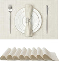 Leetaltree Luxury White and Silver Woven Placemats Set of 8 - Waterproof Washable Textured Table Mats for Wedding, Anniversary, Daily Use - Sparkling Metallic Thread Table Decor - Hand-Cut