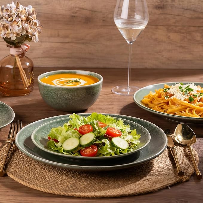AmorArc Ceramic Dinnerware Sets for 6, 18 Pieces Handpainted Plates and Bowls Set, Scratch Resistant Stoneware Dishes Set, Dishwasher & Microwave Safe, Jade Green