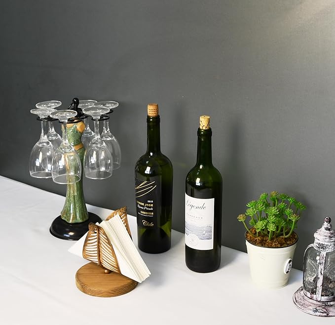 OwlGift Freestanding Modern Napkin Holder w/Bronze Metal Leaf & Brown Wooden Base Design, Tabletop Tissue Dispenser, Napkin Storage Organizer